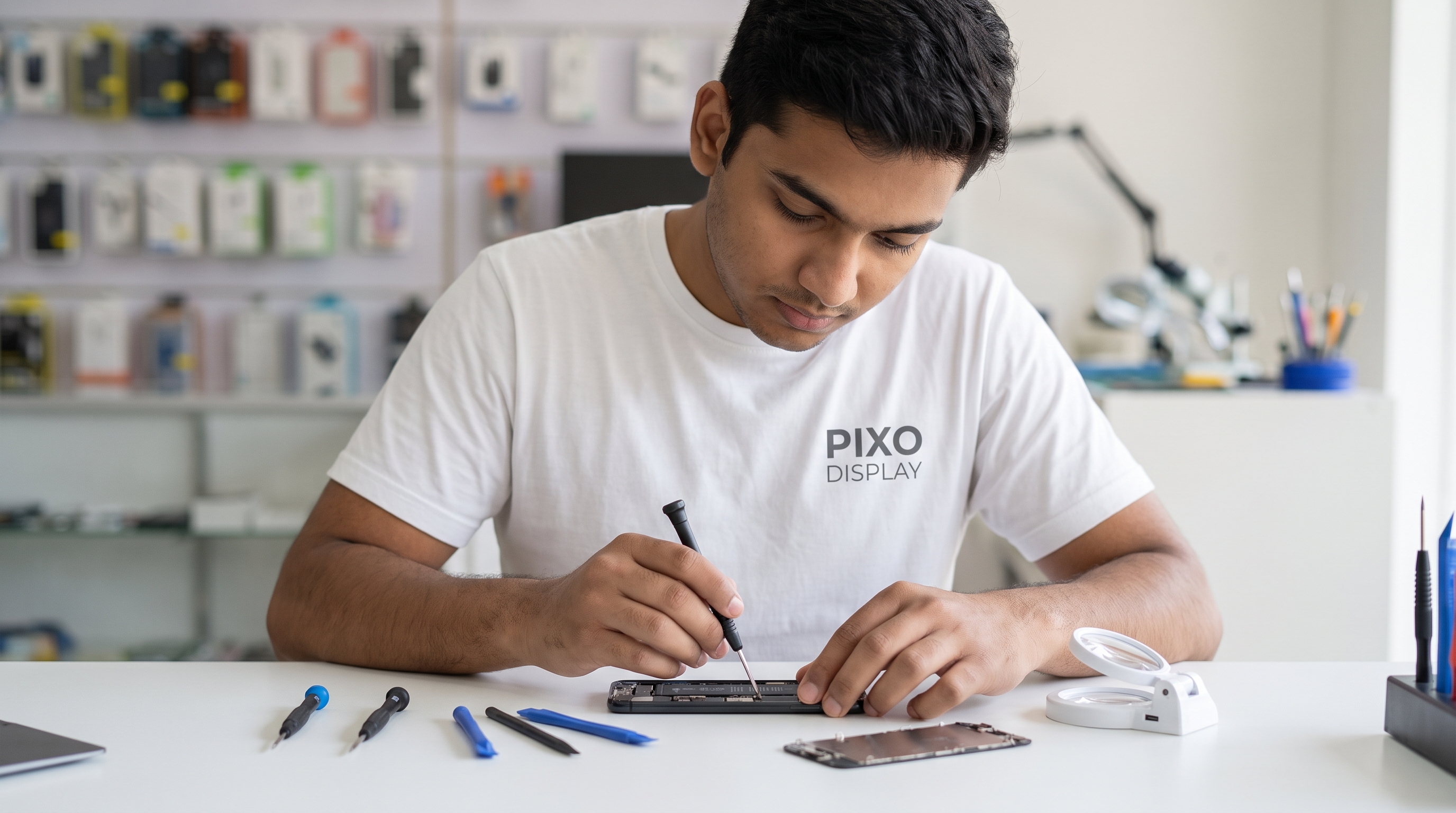 PIXO Display technician replacing a smartphone screen